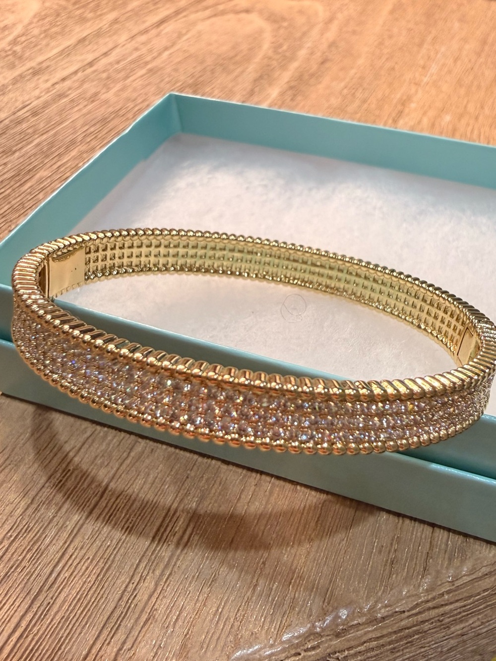 Gold Crystal Pave Hinged Bangle Bracelet